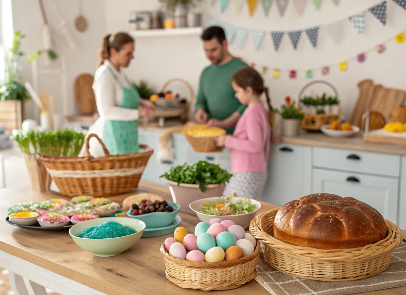 Eltern bereiten zusammen mit Kind den Brunch für Ostern vor