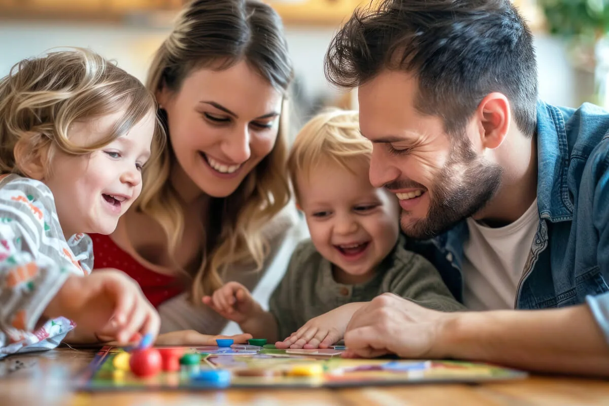 Eltern spielen mit ihren Kindern ein Brettspiel